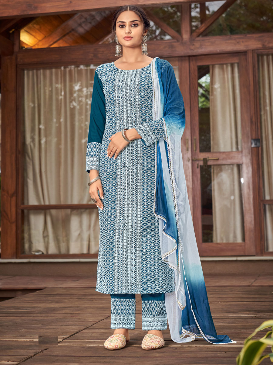 Cerulean Blue Rayon Embroidered Festival Pant Kameez