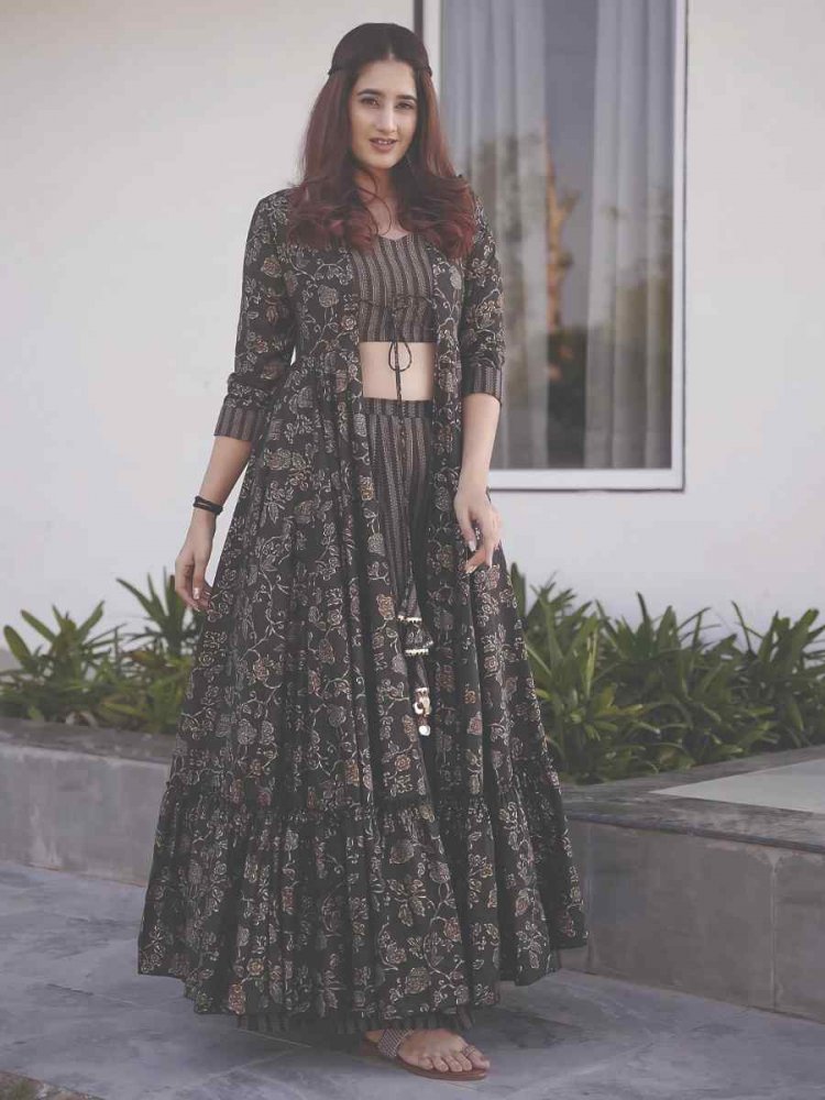 Charcoal Black Muslin Embroidered Festival Casual Ready Palazzo Pant Salwar Kameez