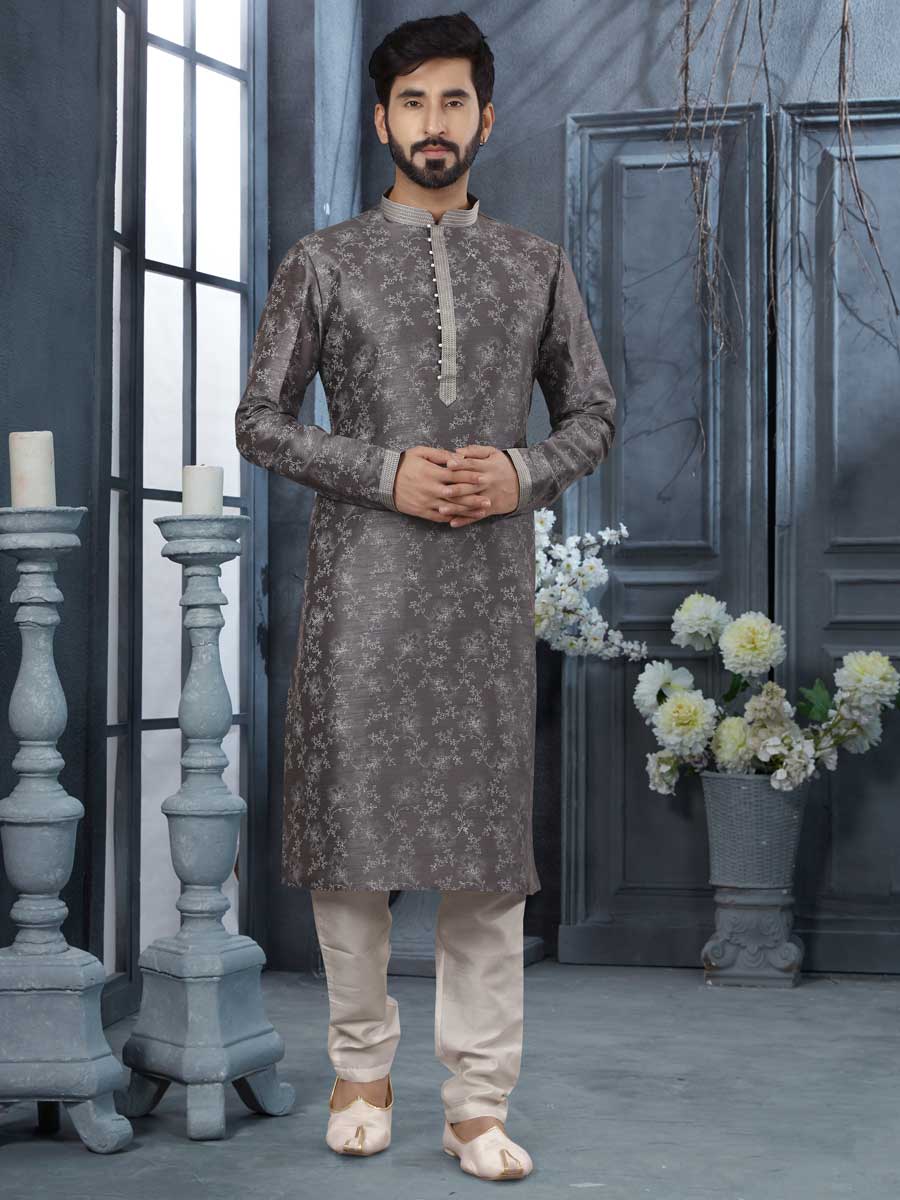 Charcoal Gray Silk Embroidered Festival Kurta Set