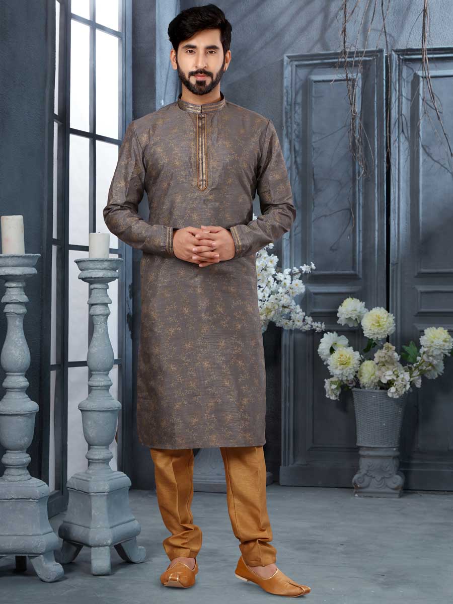 Charcoal Gray Silk Embroidered Festival Kurta Set
