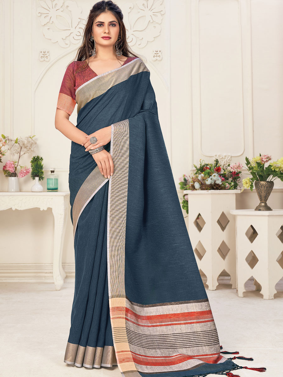 Charcoal Grey Linen Plain Festival Saree
