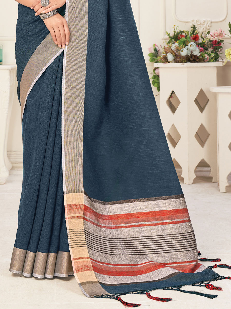 Charcoal Grey Linen Plain Festival Saree