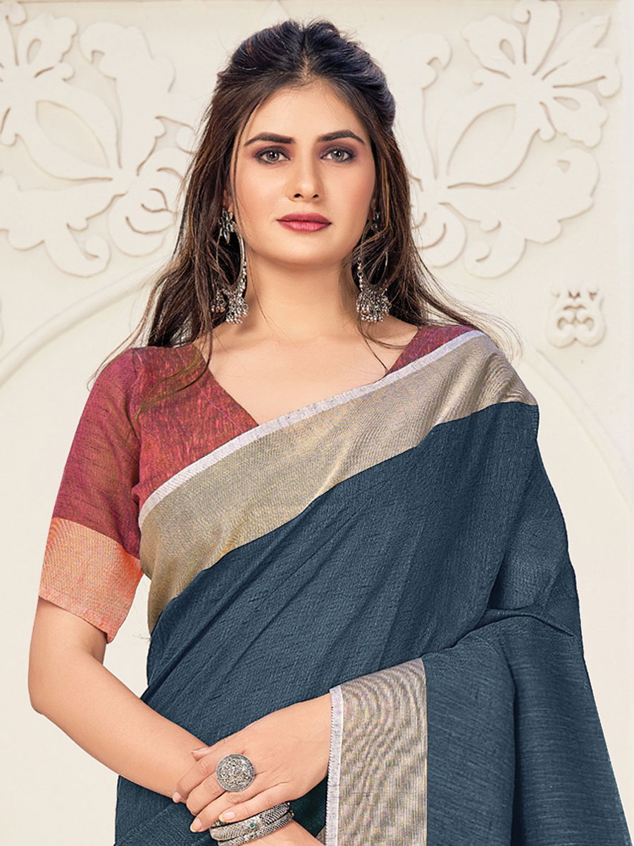 Charcoal Grey Linen Plain Festival Saree