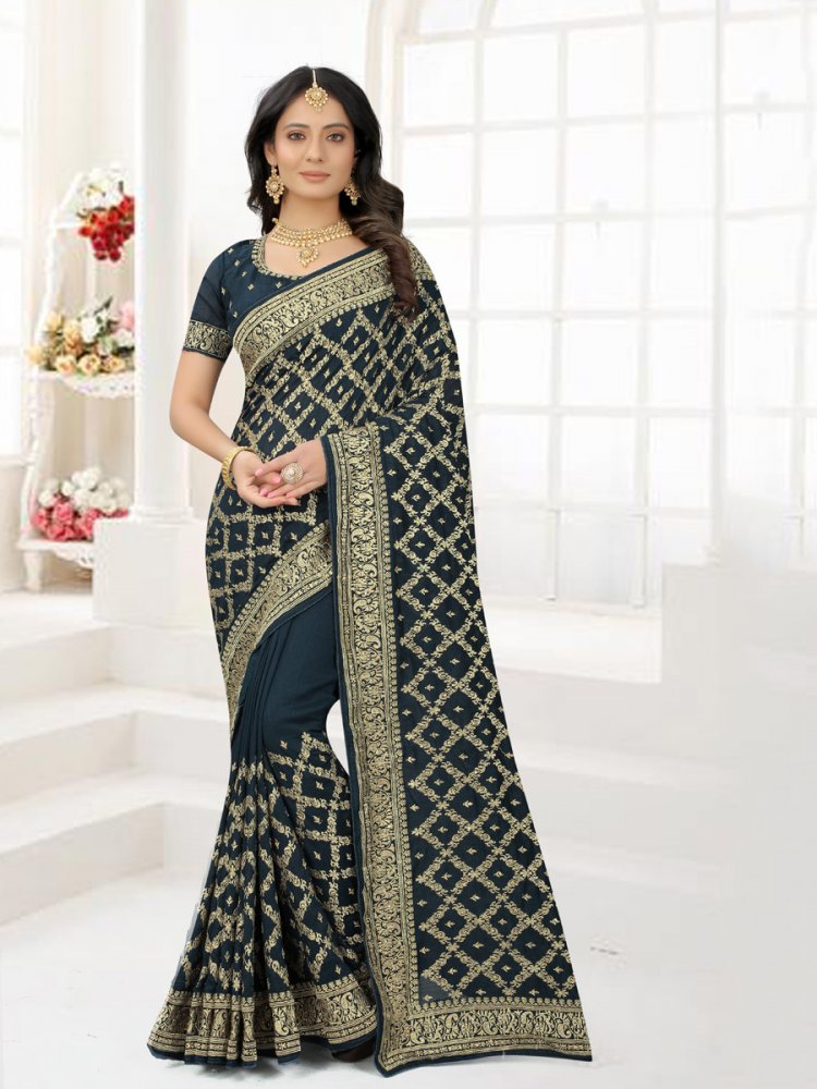 Charcoal Grey Silk Embroidered Party Saree