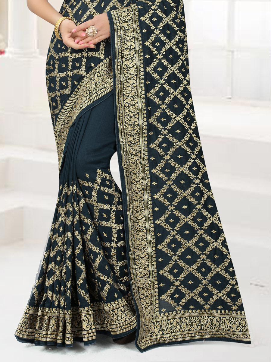 Charcoal Grey Silk Embroidered Party Saree
