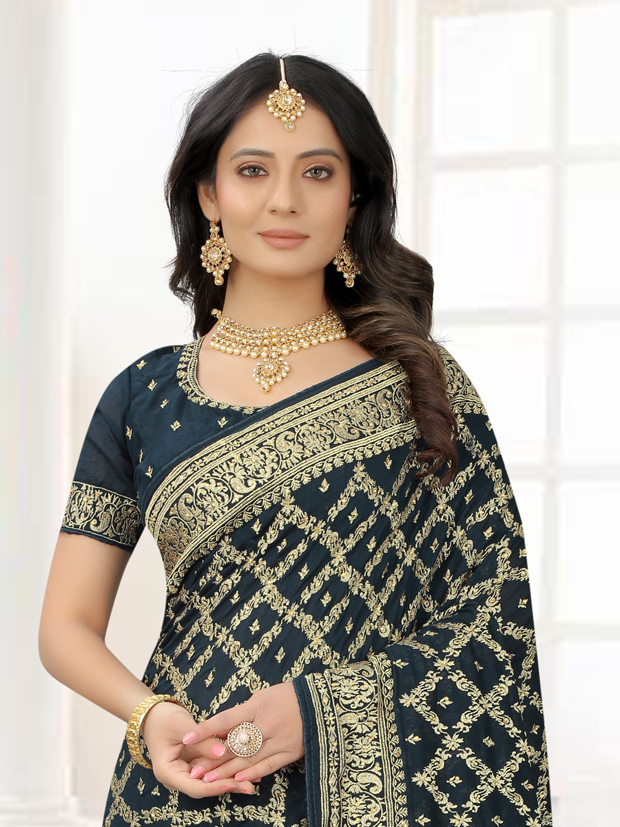 Charcoal Grey Silk Embroidered Party Saree