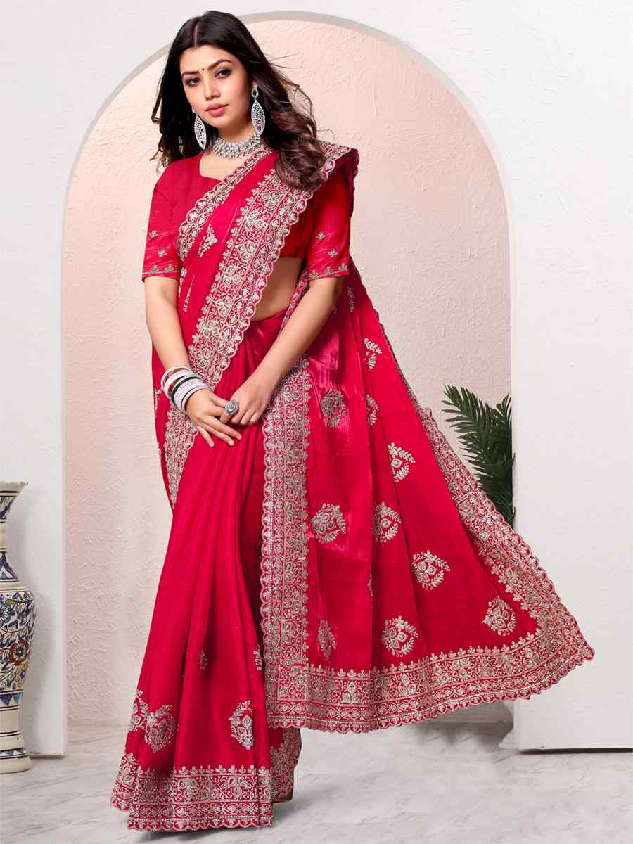 Charry Crepe Silk Embroidered Bridesmaid Wedding Heavy Border Saree