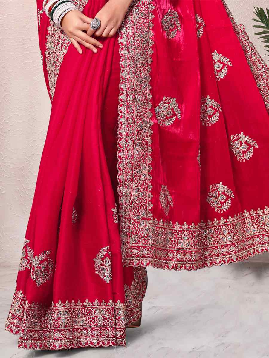 Charry Crepe Silk Embroidered Bridesmaid Wedding Heavy Border Saree