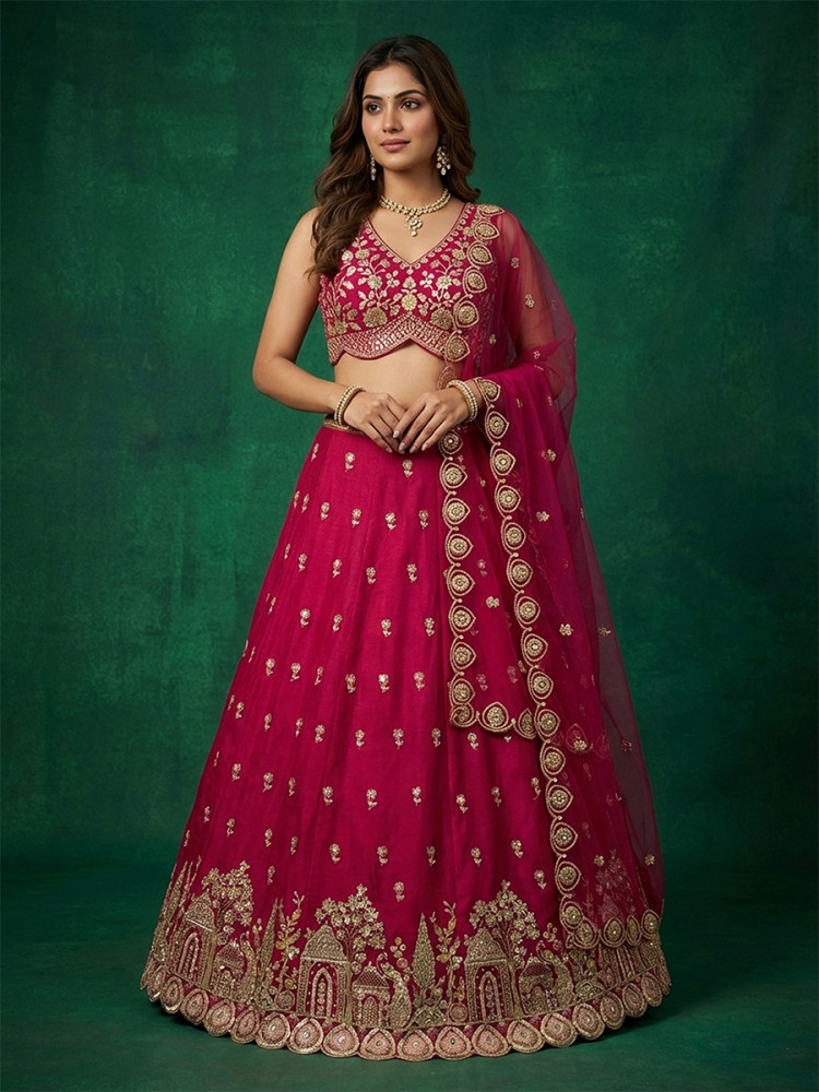 Image of Cherry Chinnon Silk Embroidery Wedding Reception Party Festival Heavy Border Lehenga Choli