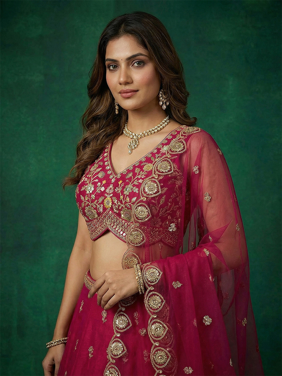 Cherry Chinnon Silk Embroidery Wedding Reception Party Festival Heavy Border Lehenga Choli