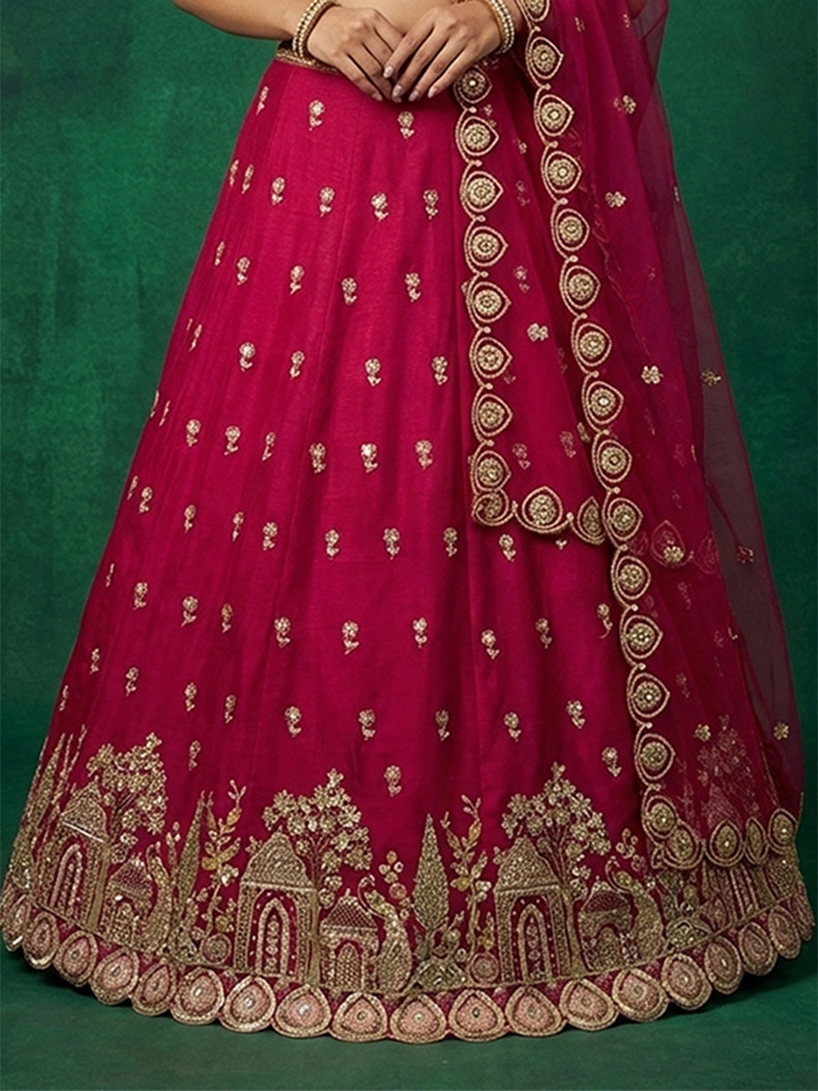 Cherry Chinnon Silk Embroidery Wedding Reception Party Festival Heavy Border Lehenga Choli