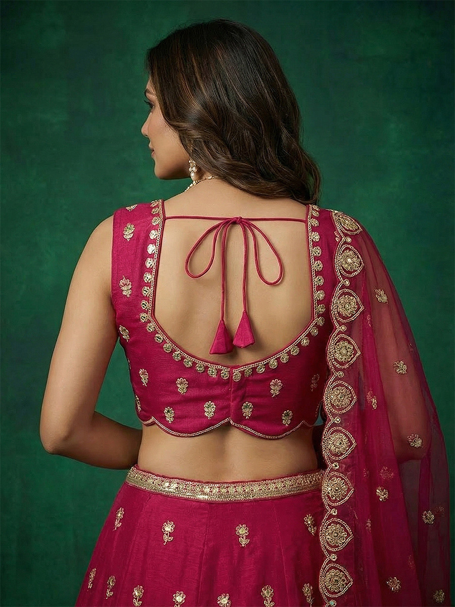 Cherry Chinnon Silk Embroidery Wedding Reception Party Festival Heavy Border Lehenga Choli