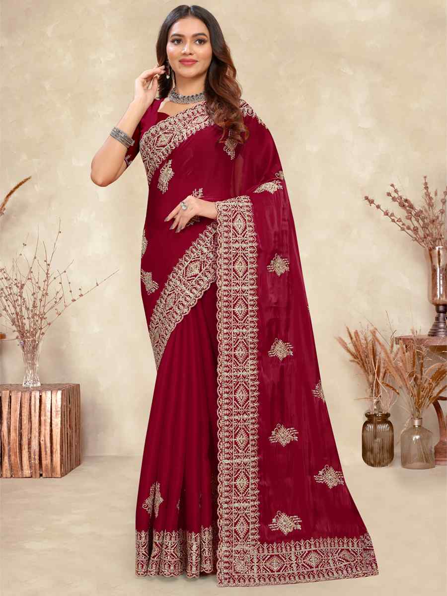 Cherry Crepe Silk Embroidered Bridesmaid Wedding Heavy Border Saree