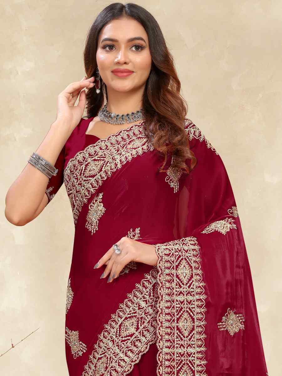 Cherry Crepe Silk Embroidered Bridesmaid Wedding Heavy Border Saree