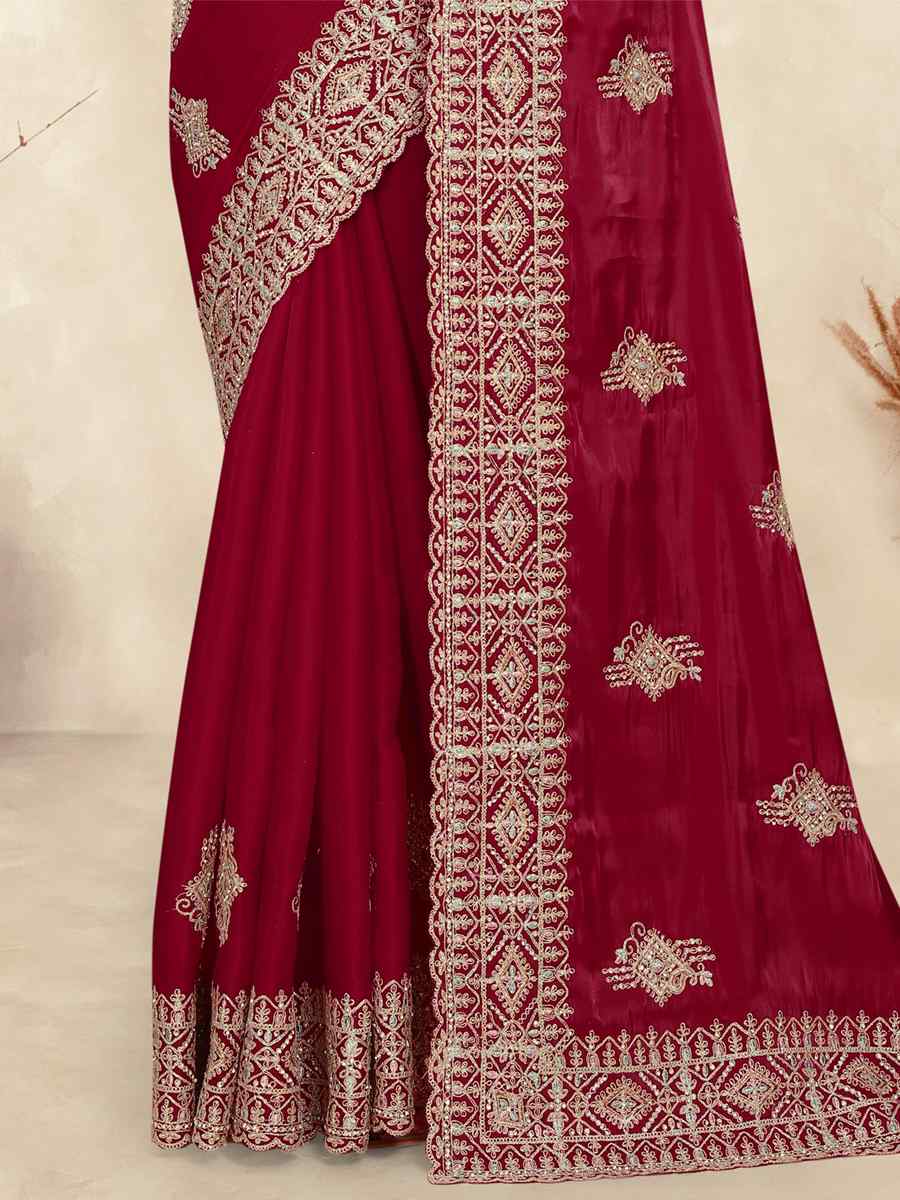 Cherry Crepe Silk Embroidered Bridesmaid Wedding Heavy Border Saree
