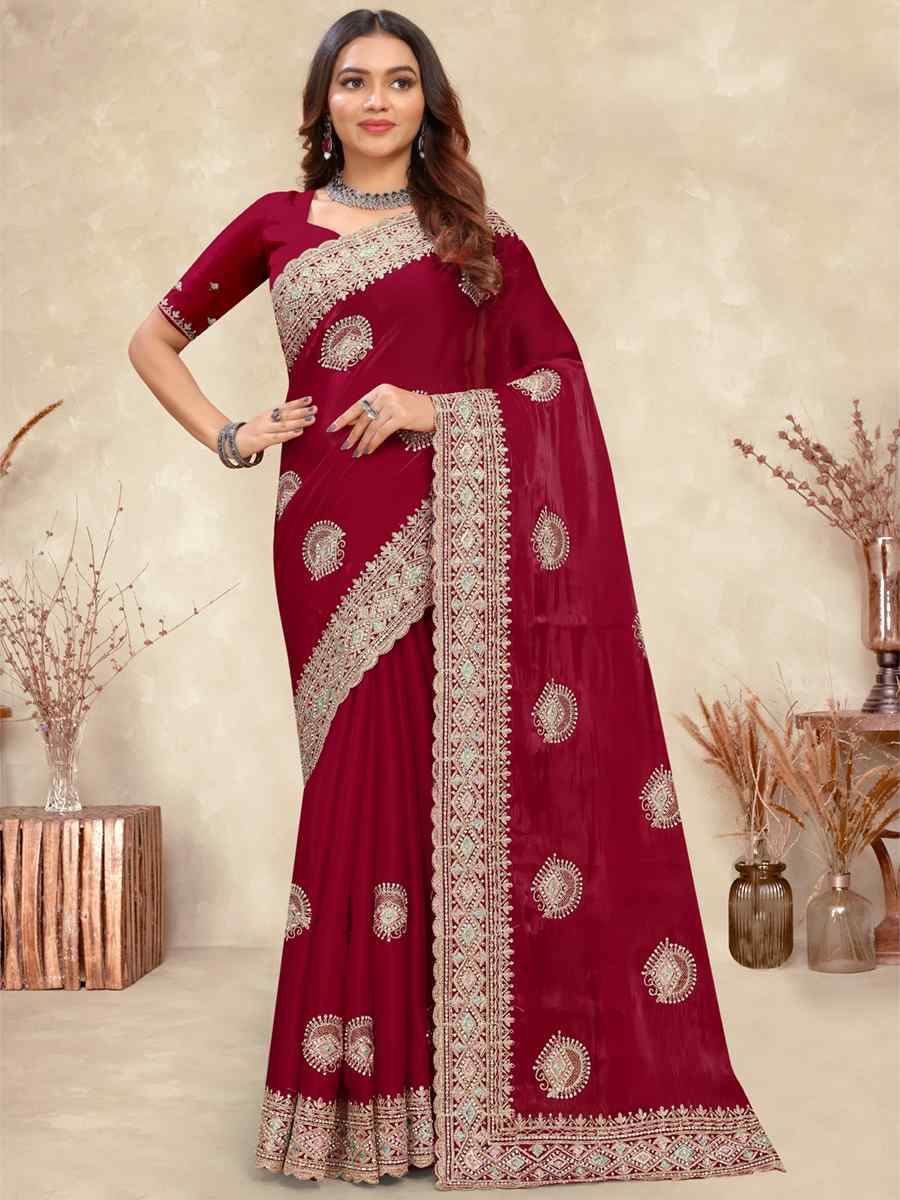 Cherry Crepe Silk Embroidered Bridesmaid Wedding Heavy Border Saree