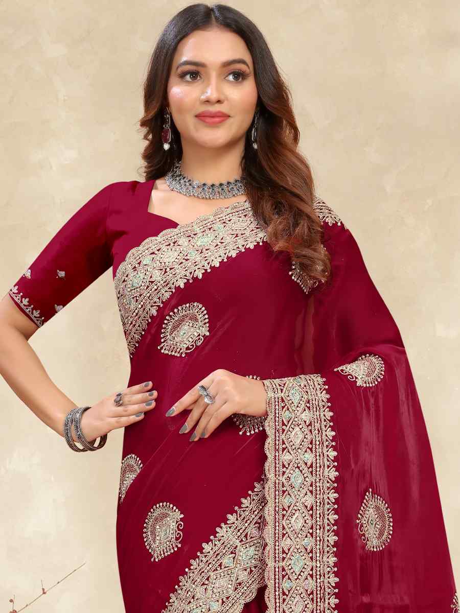 Cherry Crepe Silk Embroidered Bridesmaid Wedding Heavy Border Saree