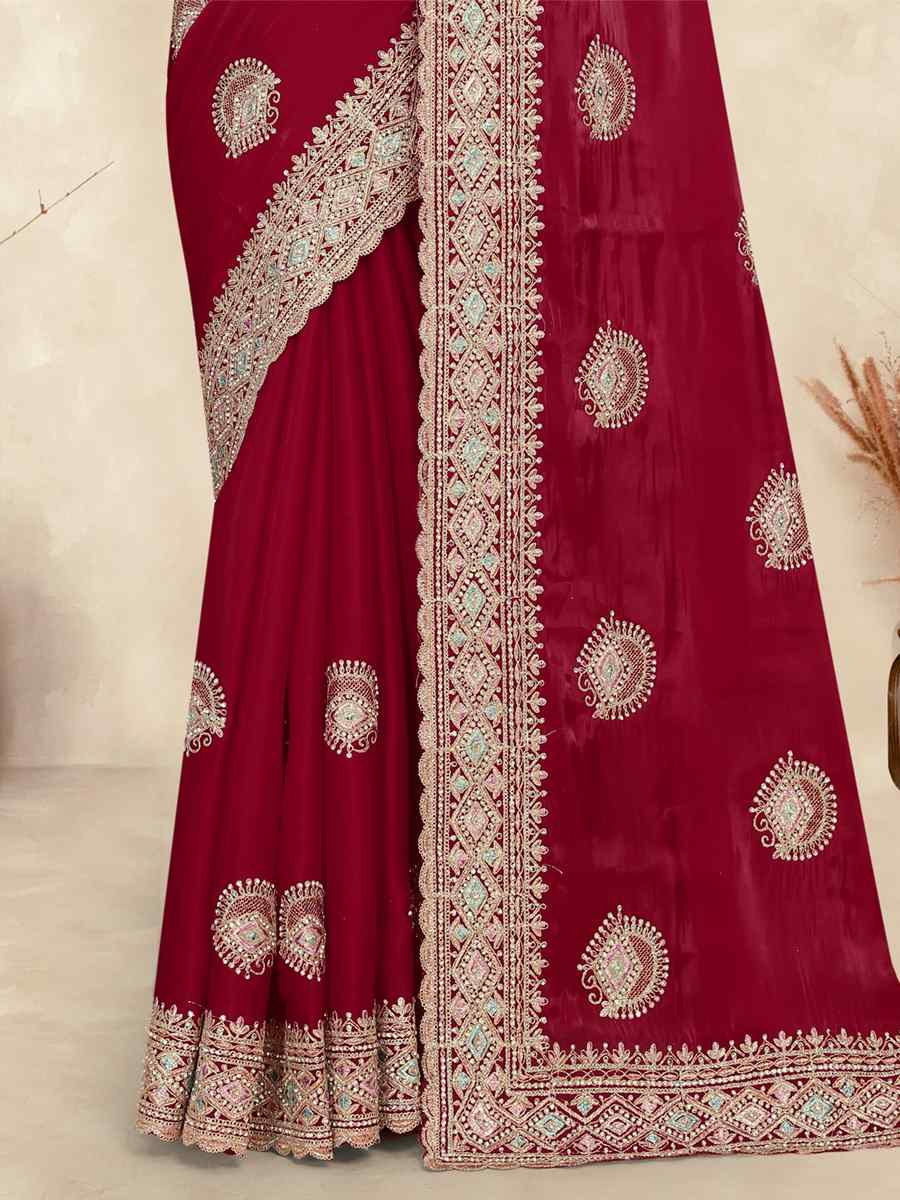 Cherry Crepe Silk Embroidered Bridesmaid Wedding Heavy Border Saree