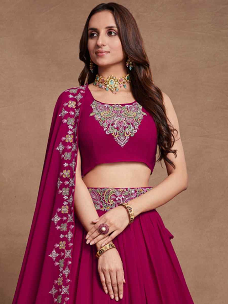 Cherry Pink Blooming Georgette Embroidered Festival Wedding Circular Lehenga Choli