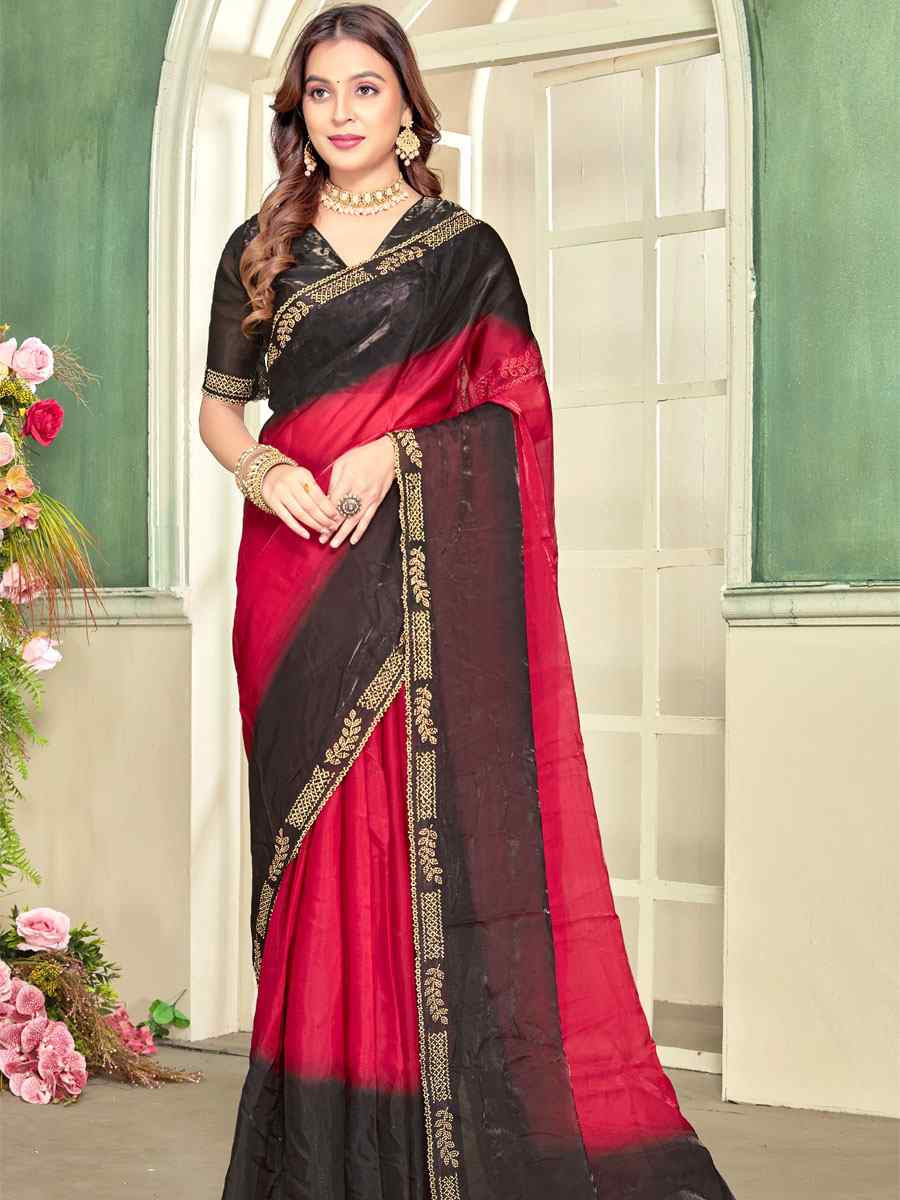 Cherry Red Fendi Satin Silk Embroidery Bridal Reception Festival Wedding Fancy Classic Heavy Border Saree