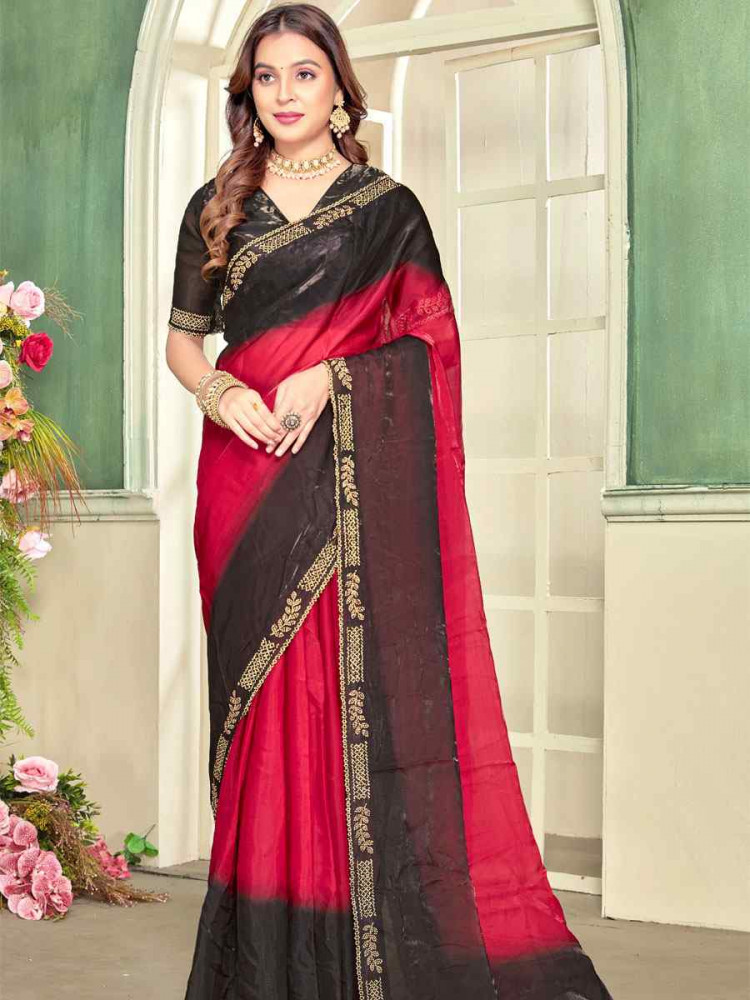 Image of Cherry Red Fendi Satin Silk Embroidery Bridal Reception Festival Wedding Fancy Classic Heavy Border Saree