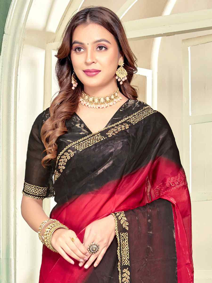 Cherry Red Fendi Satin Silk Embroidery Bridal Reception Festival Wedding Fancy Classic Heavy Border Saree