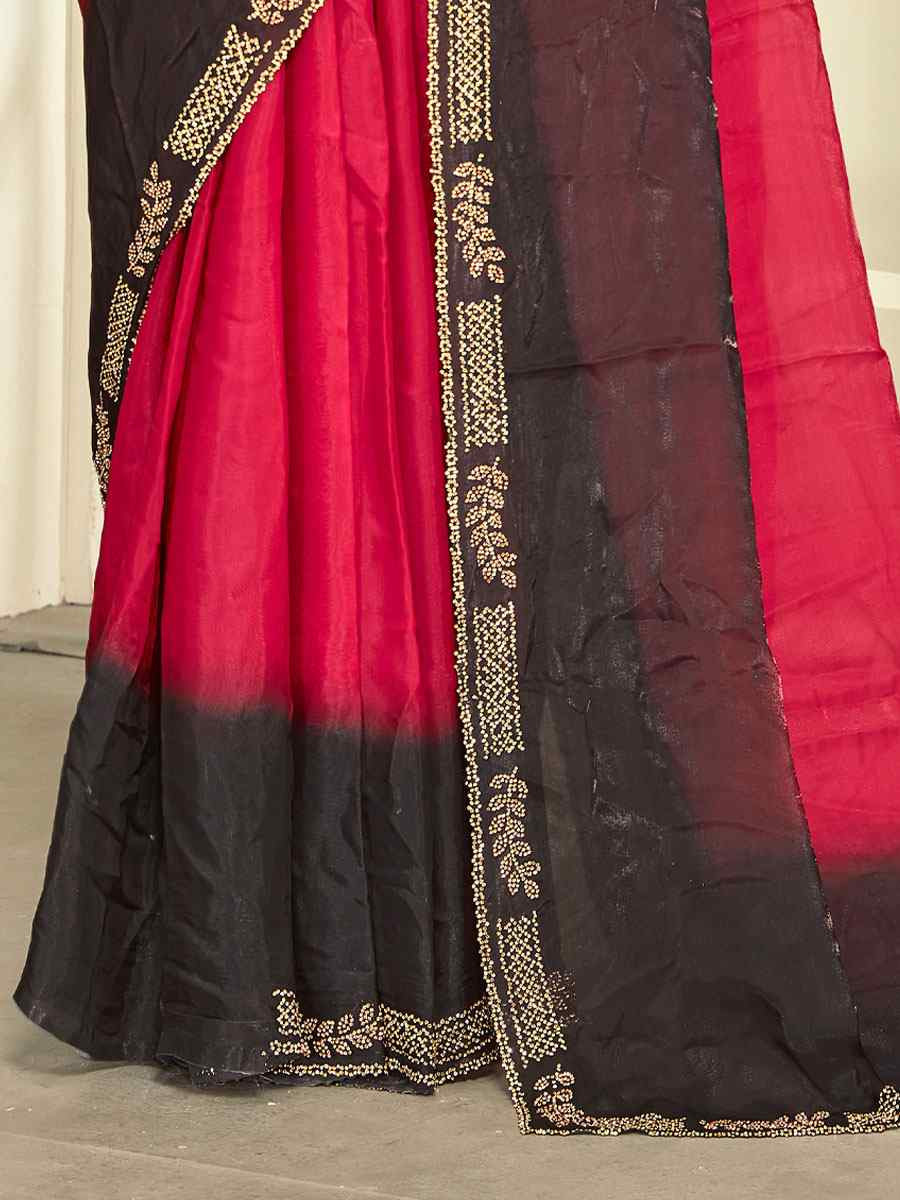 Cherry Red Fendi Satin Silk Embroidery Bridal Reception Festival Wedding Fancy Classic Heavy Border Saree