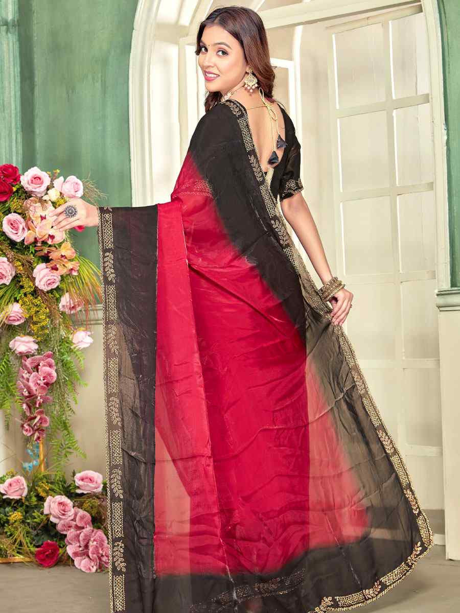 Cherry Red Fendi Satin Silk Embroidery Bridal Reception Festival Wedding Fancy Classic Heavy Border Saree