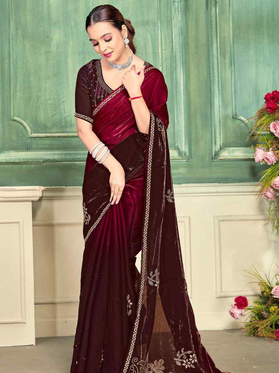 Cherry Red Fendi Satin Silk Embroidery Bridal Reception Festival Wedding Fancy Classic Heavy Border Saree