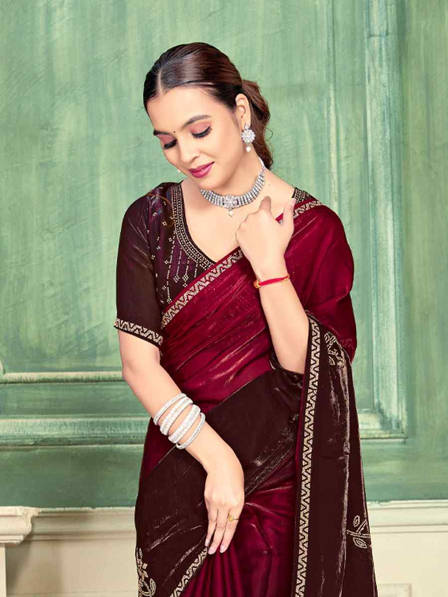 Cherry Red Fendi Satin Silk Embroidery Bridal Reception Festival Wedding Fancy Classic Heavy Border Saree