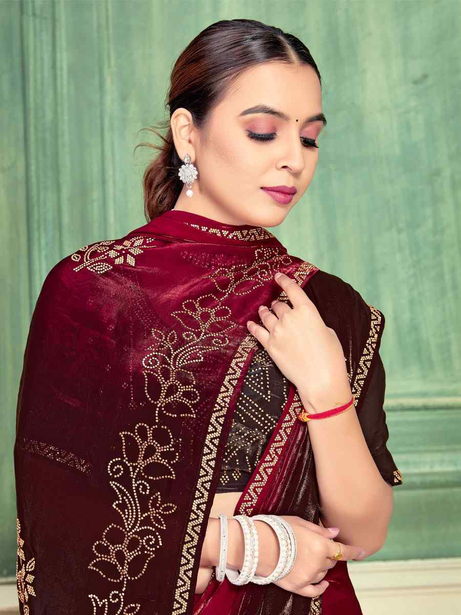 Cherry Red Fendi Satin Silk Embroidery Bridal Reception Festival Wedding Fancy Classic Heavy Border Saree