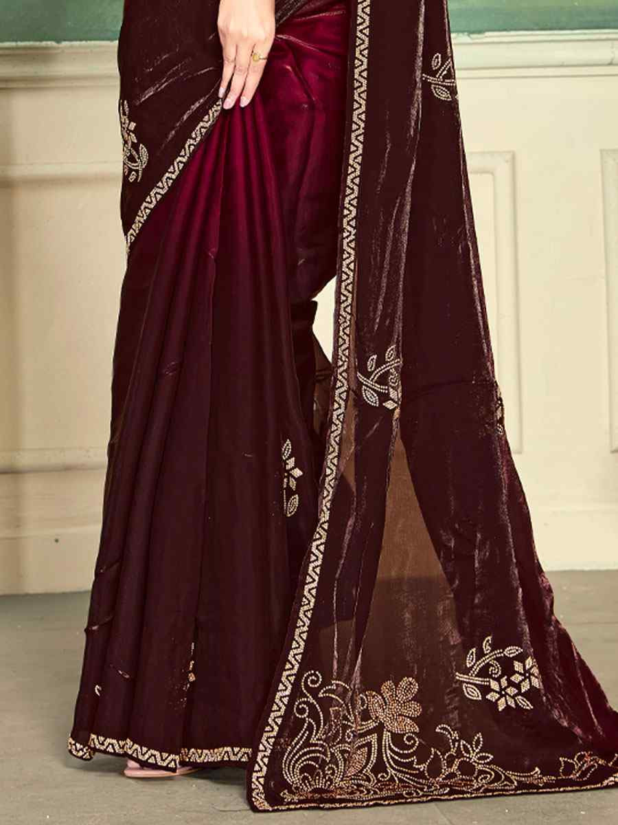 Cherry Red Fendi Satin Silk Embroidery Bridal Reception Festival Wedding Fancy Classic Heavy Border Saree