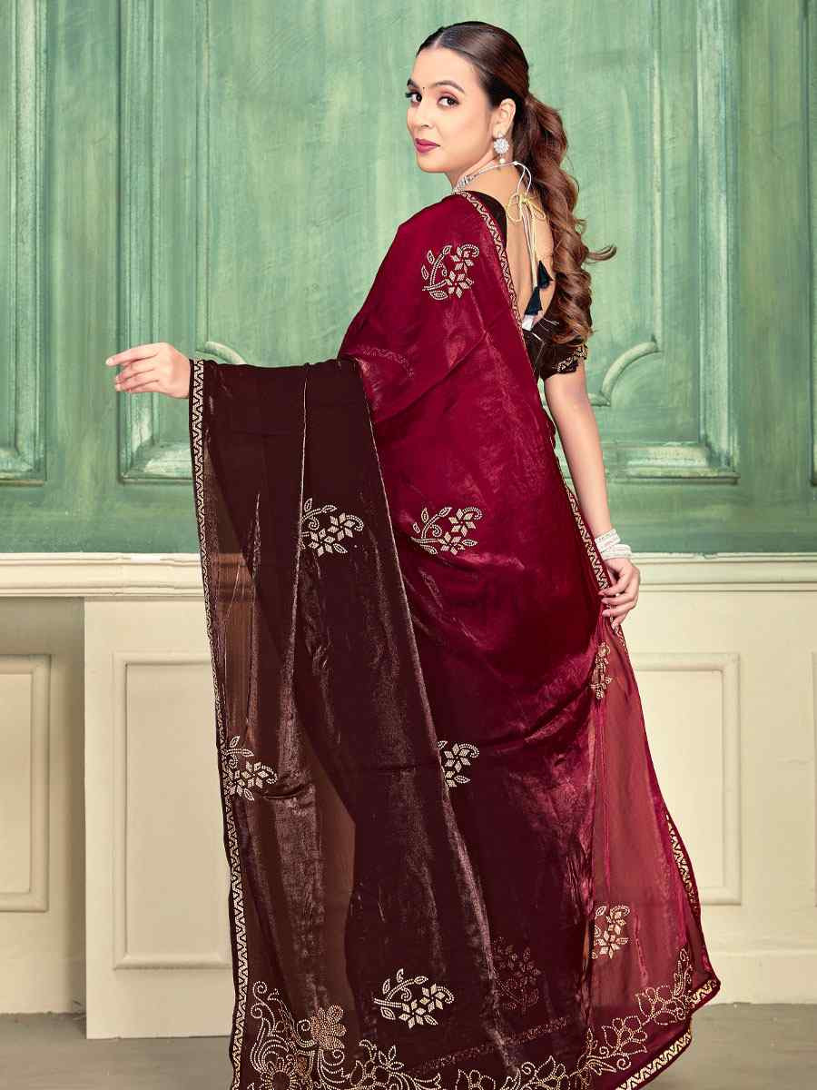 Cherry Red Fendi Satin Silk Embroidery Bridal Reception Festival Wedding Fancy Classic Heavy Border Saree