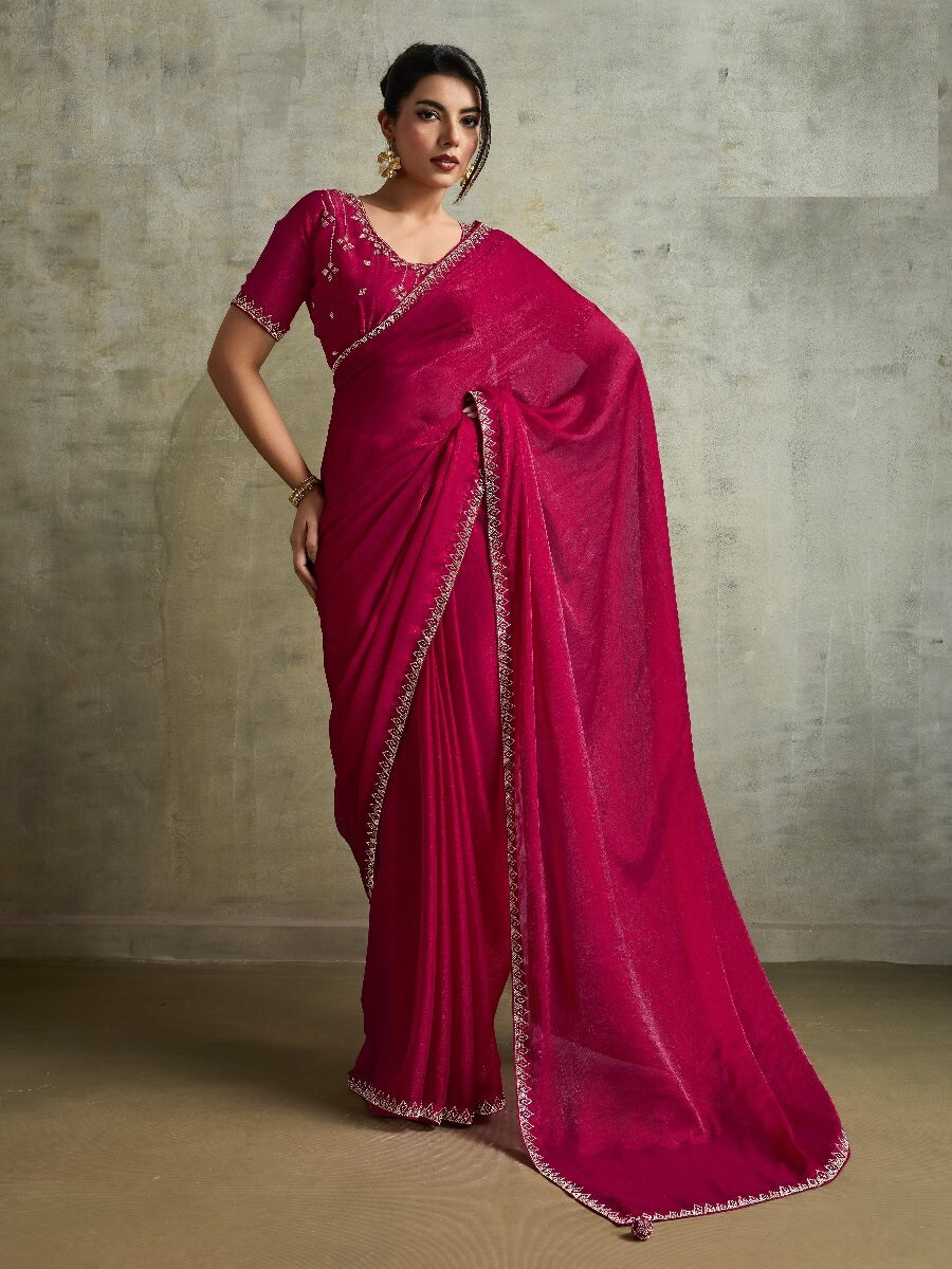 Cherry Red Fendy Chiffon bloomingSequins Wedding Reception Party Festival Heavy Border Sarees