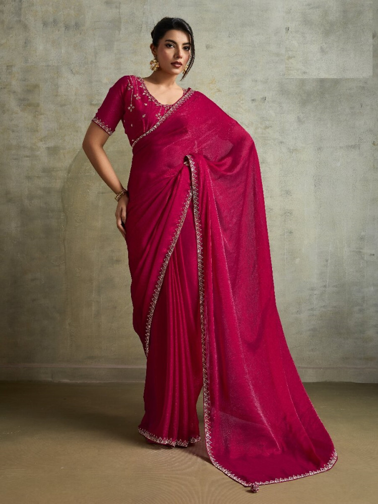 Image of Cherry Red Fendy Chiffon blooming Sequins Wedding Reception Party Festival Heavy Border Sarees