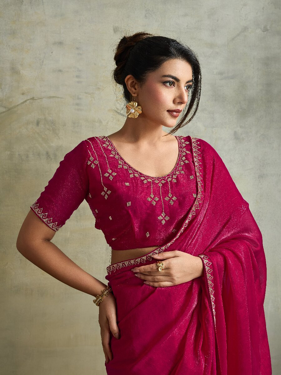 Cherry Red Fendy Chiffon bloomingSequins Wedding Reception Party Festival Heavy Border Sarees