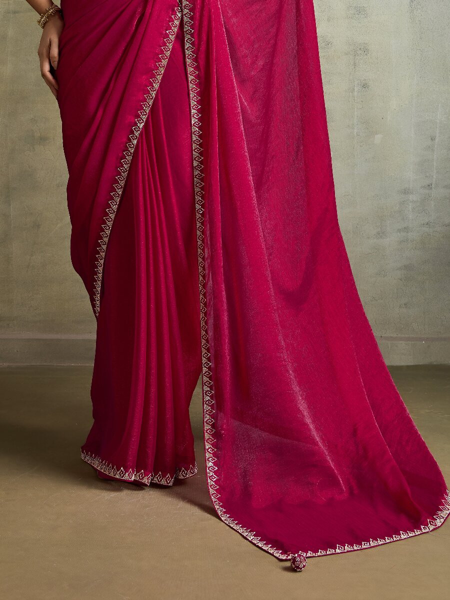 Cherry Red Fendy Chiffon bloomingSequins Wedding Reception Party Festival Heavy Border Sarees
