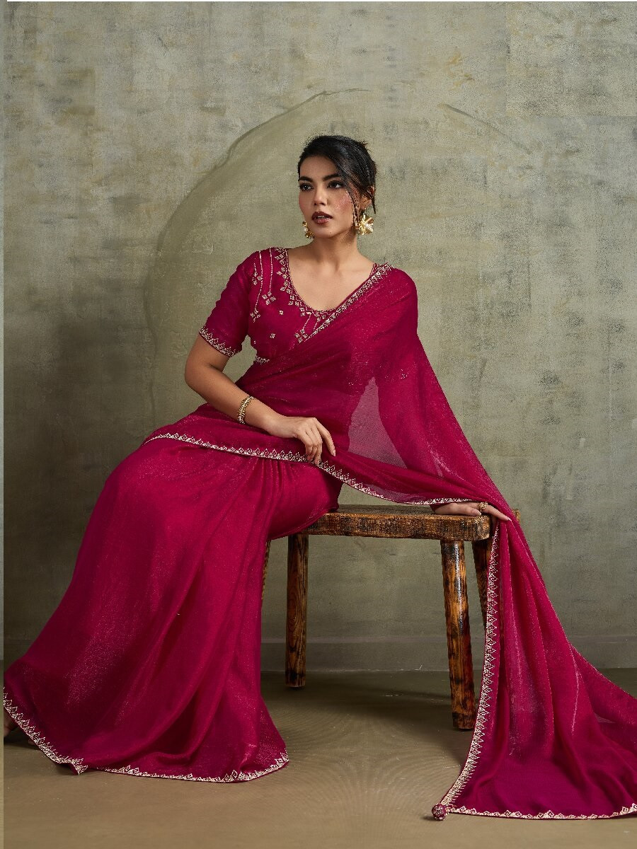 Cherry Red Fendy Chiffon bloomingSequins Wedding Reception Party Festival Heavy Border Sarees