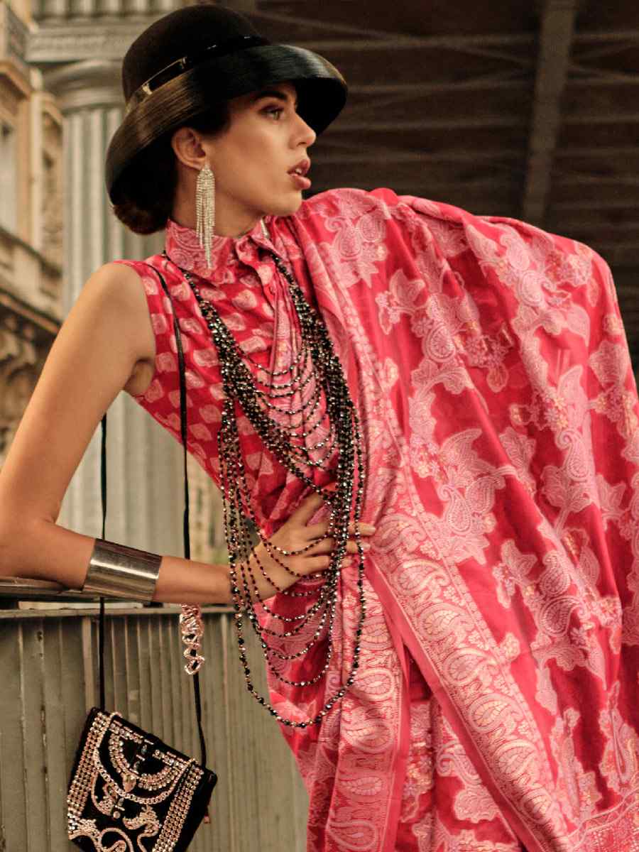 Cherry Red Lucknowi Organza Handwoven Wedding Festival Heavy Border Saree