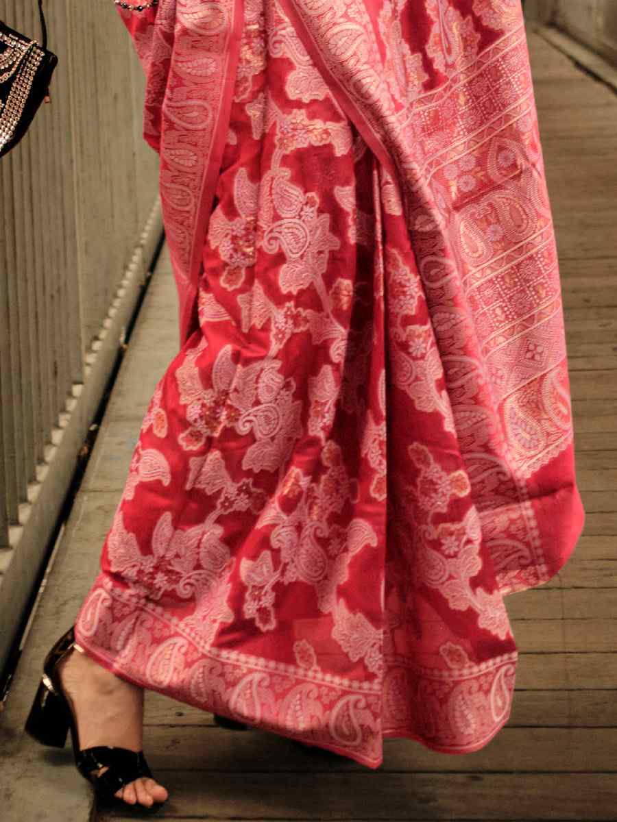 Cherry Red Lucknowi Organza Handwoven Wedding Festival Heavy Border Saree