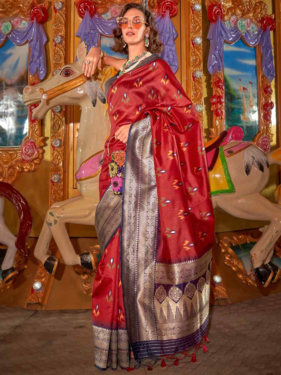 Cherry Red Satin Handwoven Wedding Festival Heavy Border Saree