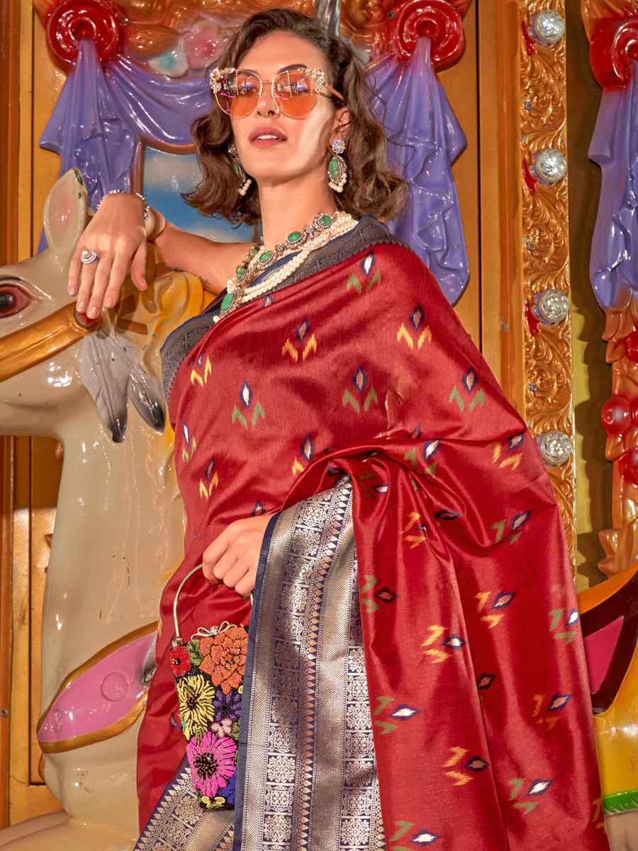 Cherry Red Satin Handwoven Wedding Festival Heavy Border Saree