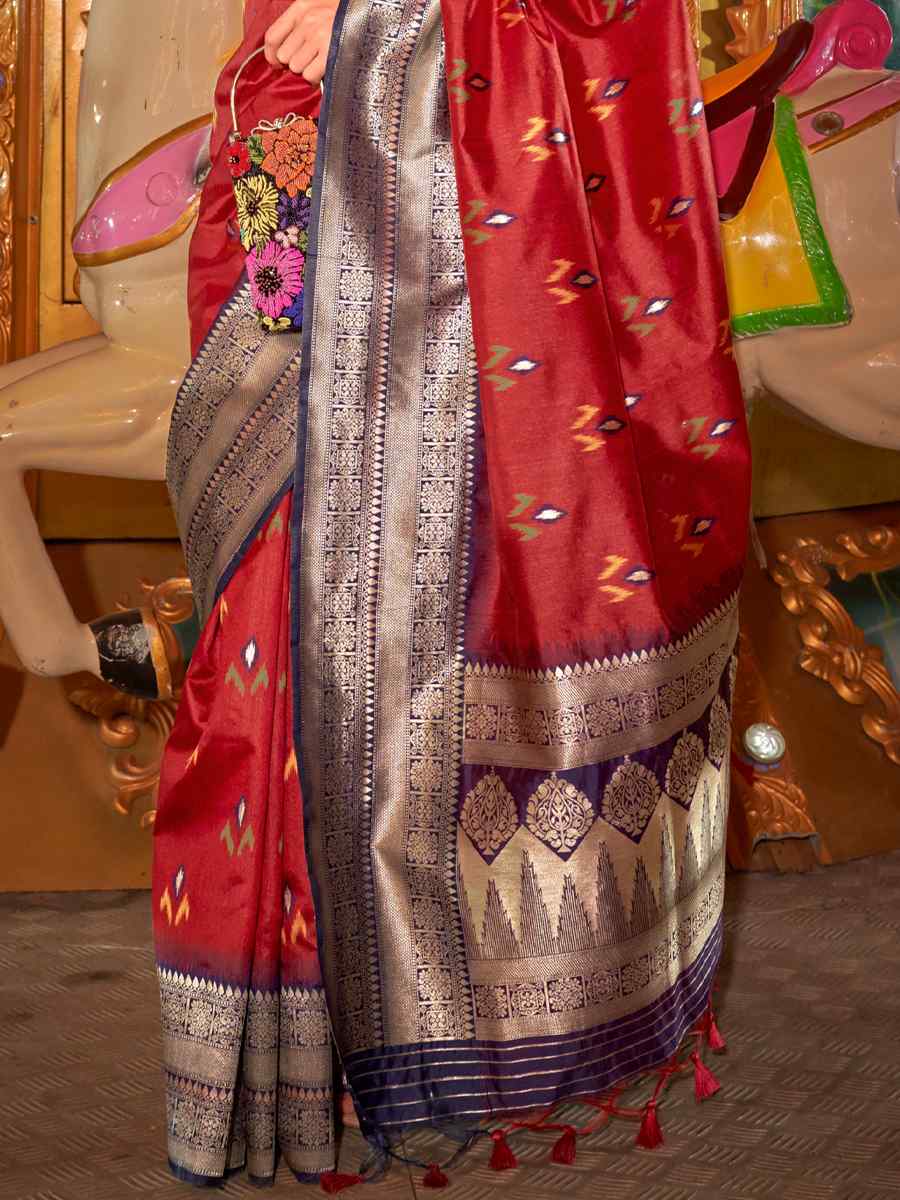 Cherry Red Satin Handwoven Wedding Festival Heavy Border Saree