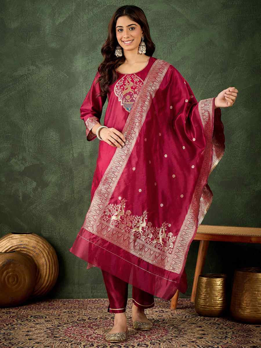 Cherry Red Silk Blend Embroidery Party Wedding Festival Casual Ready Pant Salwar Kameez