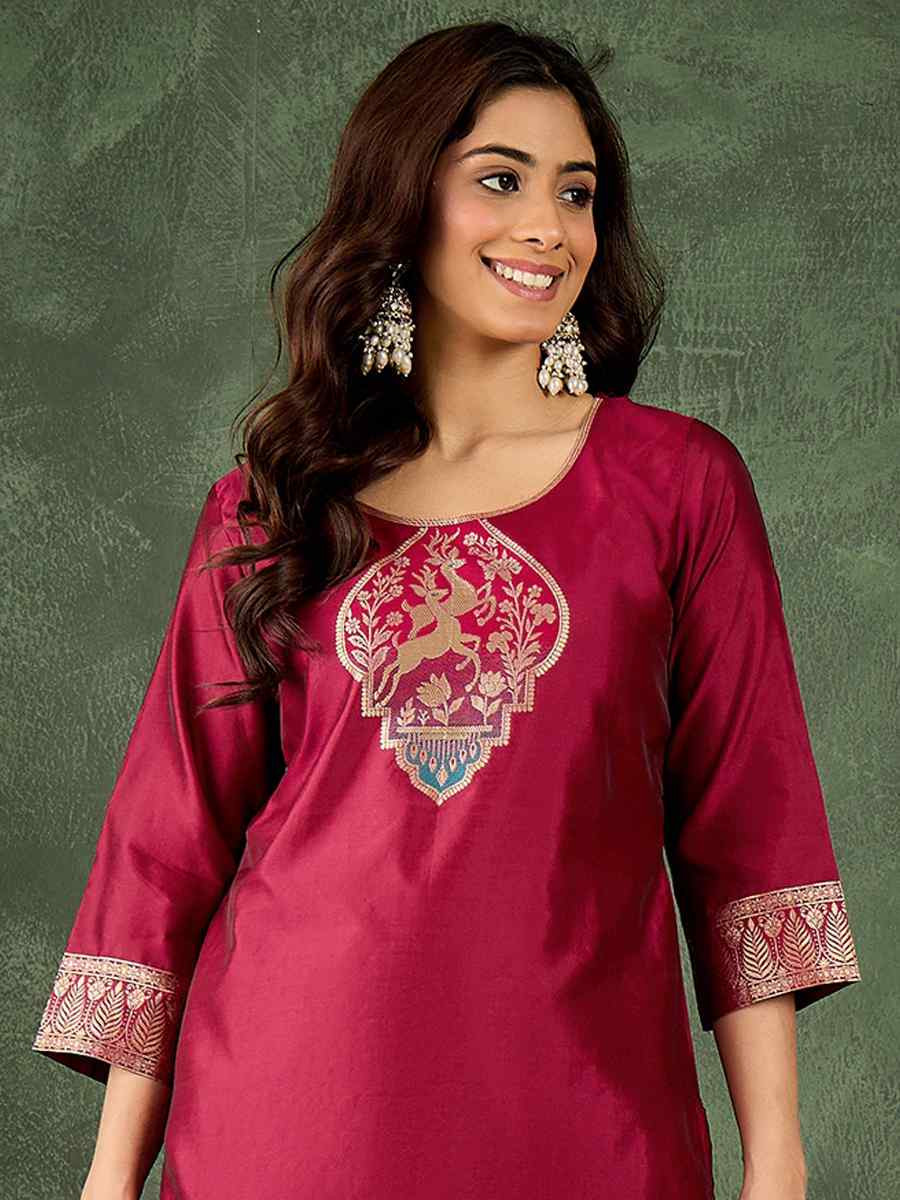 Cherry Red Silk Blend Embroidery Party Wedding Festival Casual Ready Pant Salwar Kameez