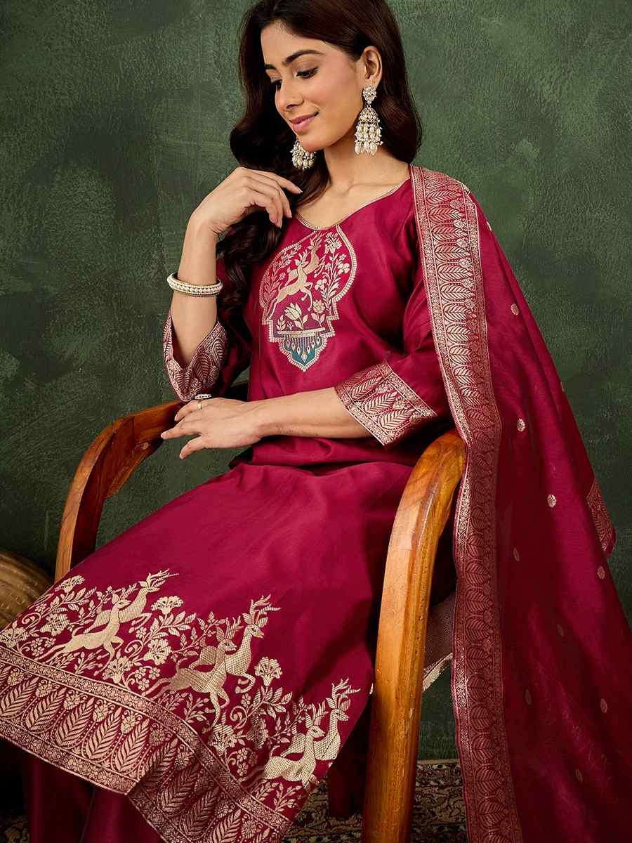 Cherry Red Silk Blend Embroidery Party Wedding Festival Casual Ready Pant Salwar Kameez