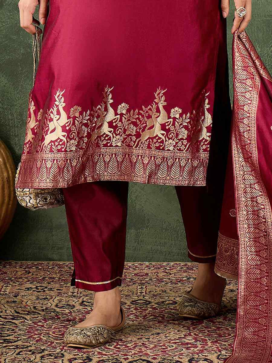 Cherry Red Silk Blend Embroidery Party Wedding Festival Casual Ready Pant Salwar Kameez