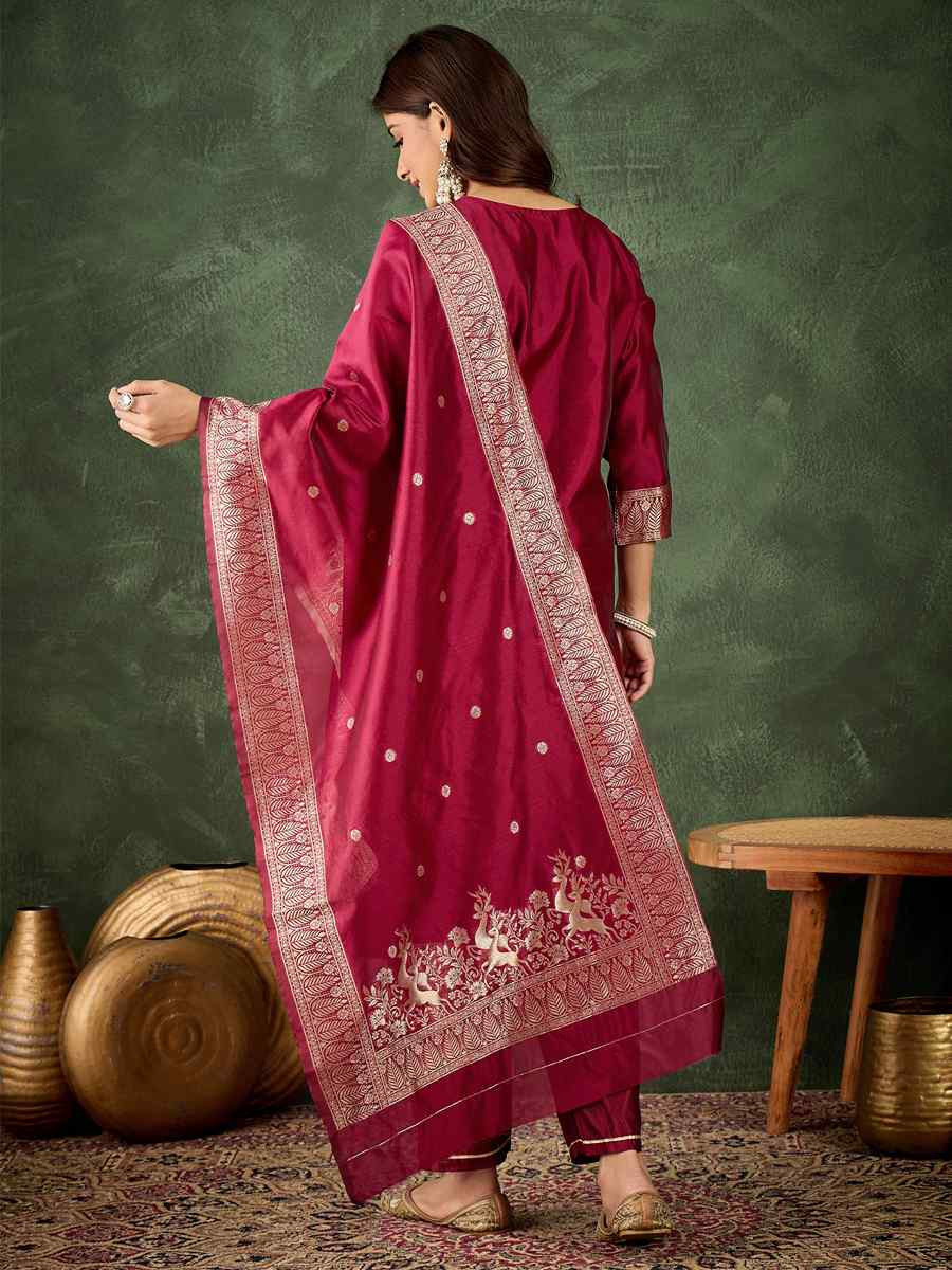 Cherry Red Silk Blend Embroidery Party Wedding Festival Casual Ready Pant Salwar Kameez