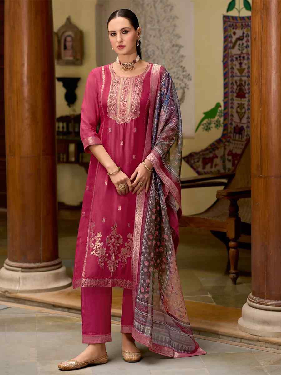Cherry Red Viscose Self Jacquard Embroidered Festival Casual Ready Pant Salwar Kameez