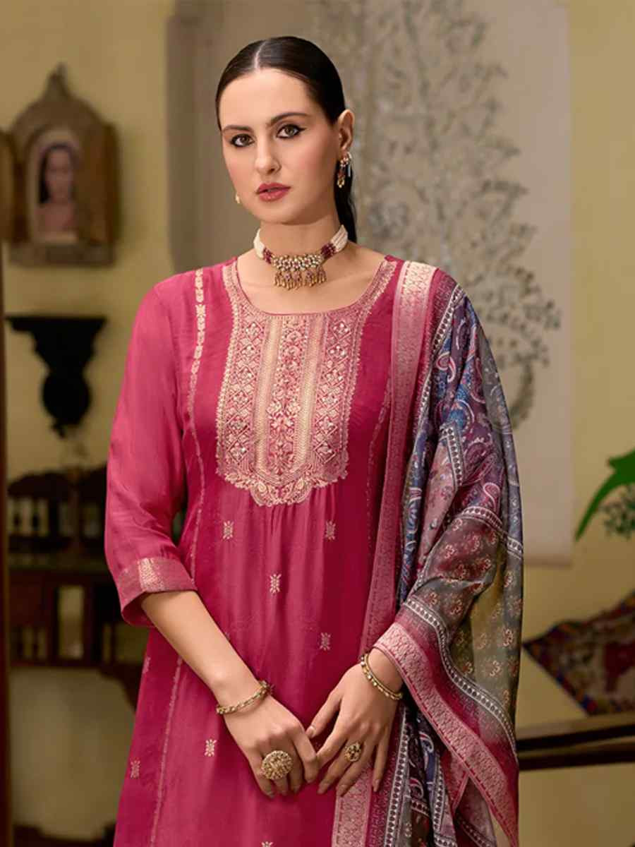 Cherry Red Viscose Self Jacquard Embroidered Festival Casual Ready Pant Salwar Kameez